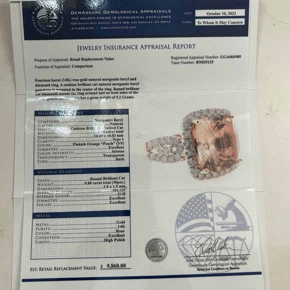 14 kt Rose Gold Morganite Beryl and Diamond Ring. Size 7. Ppwk incl. - Picture 11 of 16